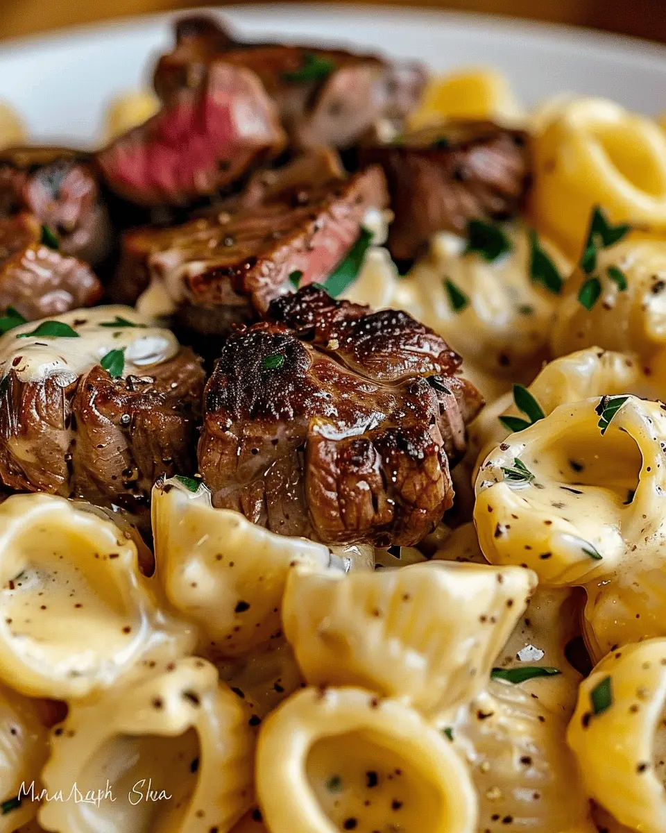 Steak Bites and Shell Pasta: Indulgent Garlic Butter Alfredo Delight