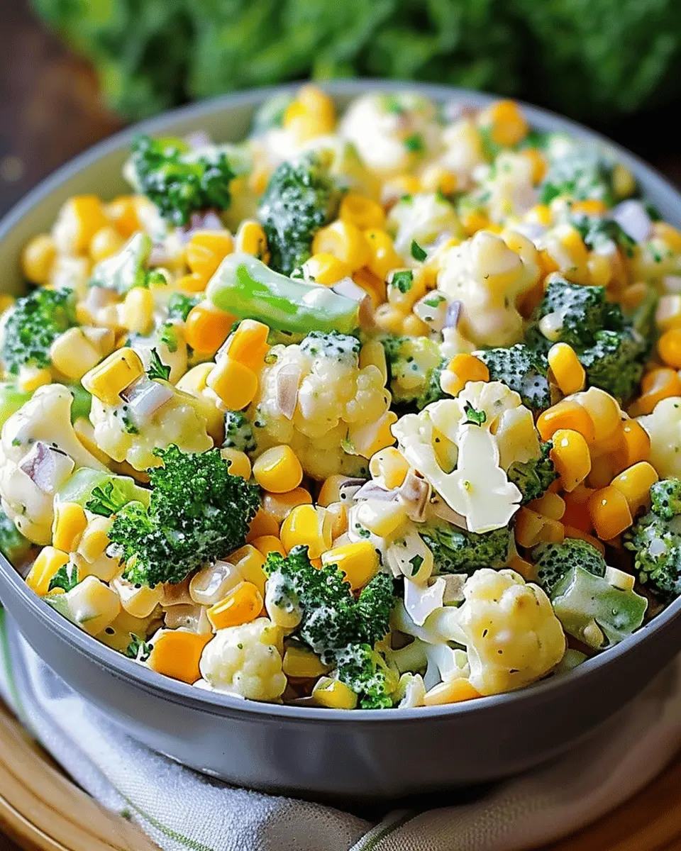 Creamy Broccoli Cauliflower Corn Salad with Turkey Bacon Delight