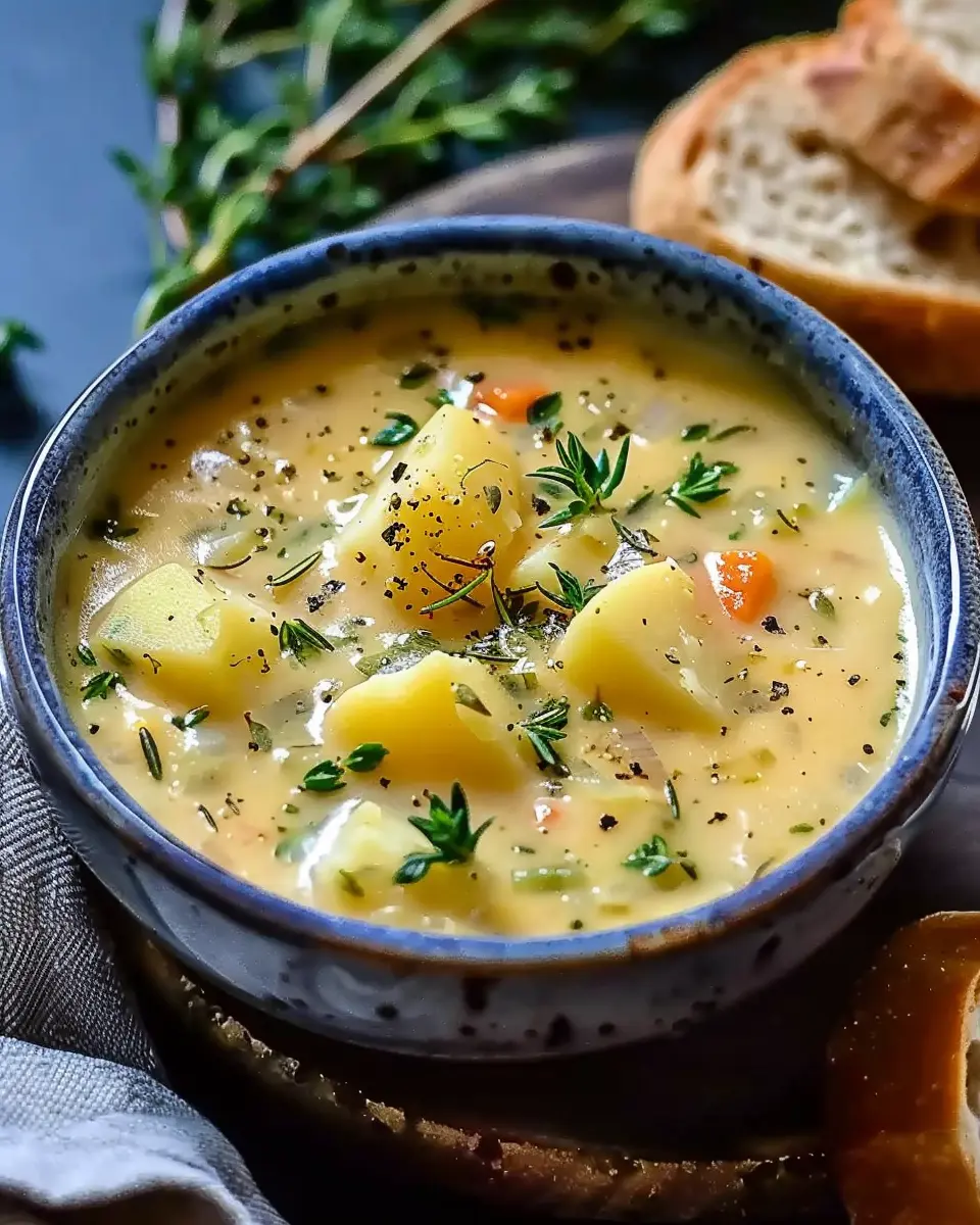 Hearty Cheddar Garlic Herb Potato Soup Recipe with Turkey Bacon