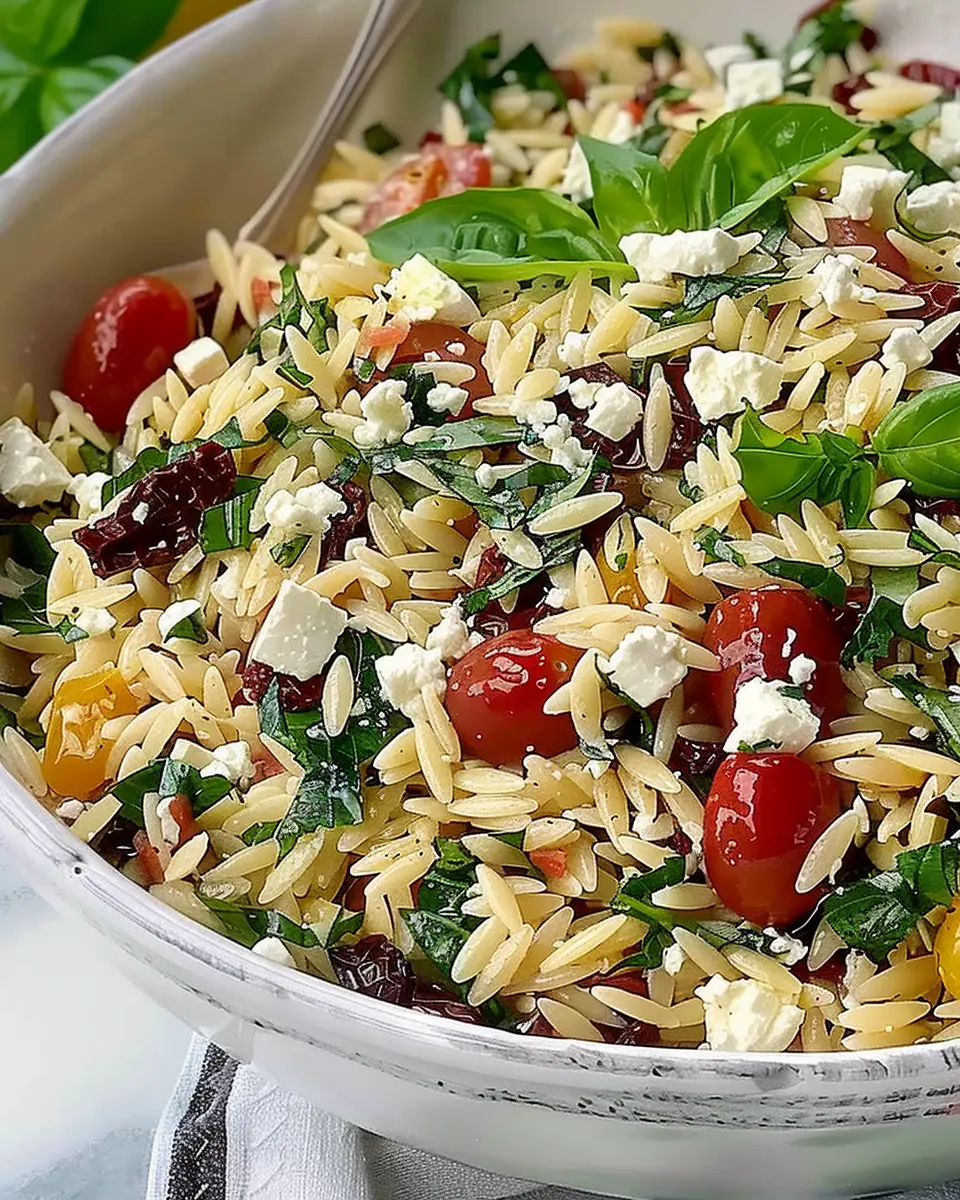 Homemade Orzo Pasta Salad with Feta and Sun Dried Tomatoes Bliss