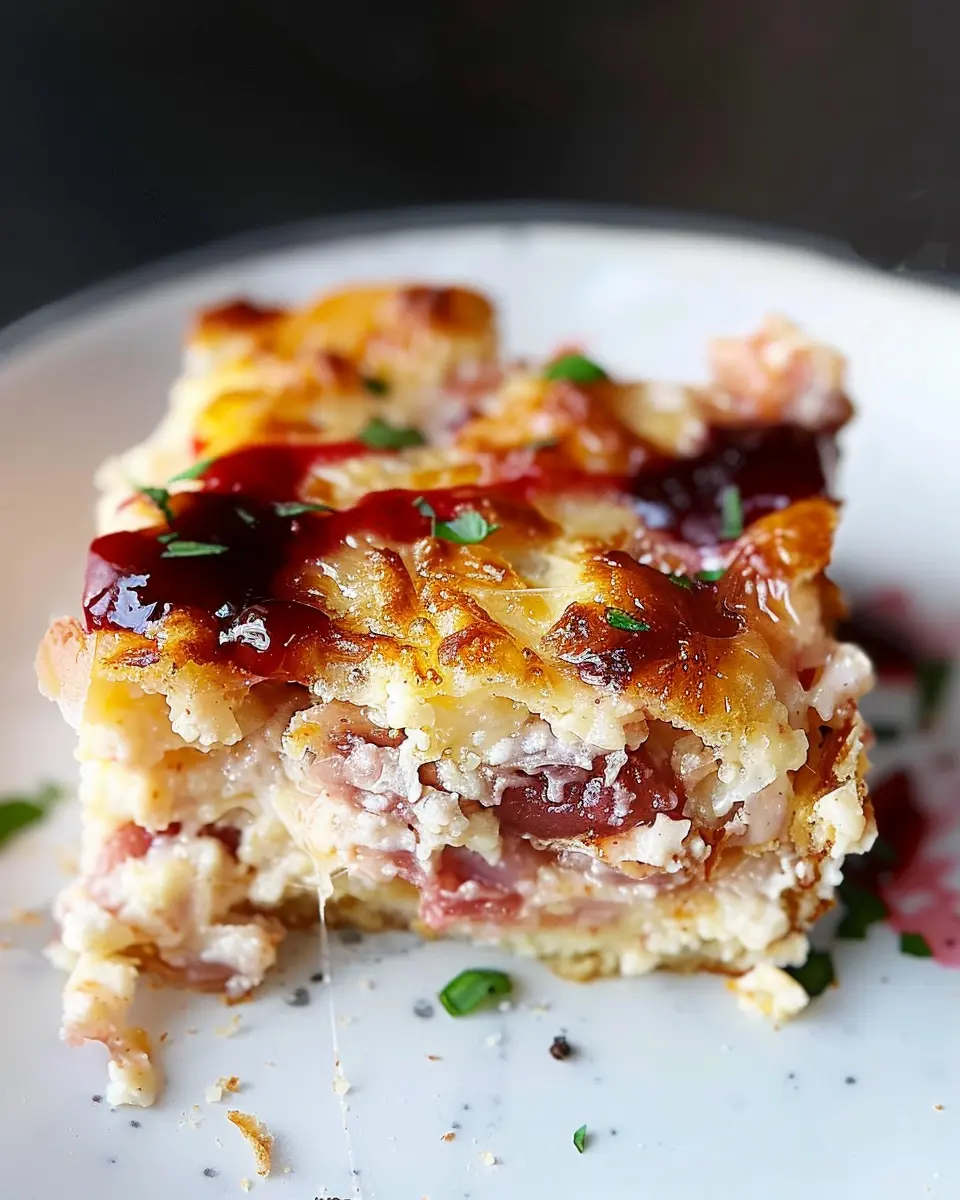 Monte Cristo Breakfast Casserole with Turkey Bacon and Chicken Ham